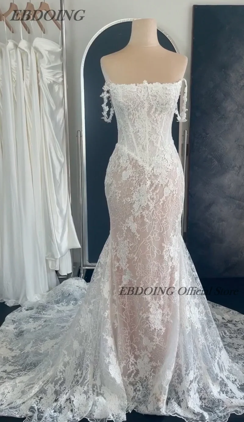 EBDOING Wedding Dress Mermaid Lace Boat Neck Neckline Classic Basque With Beading Customized Bride Gown