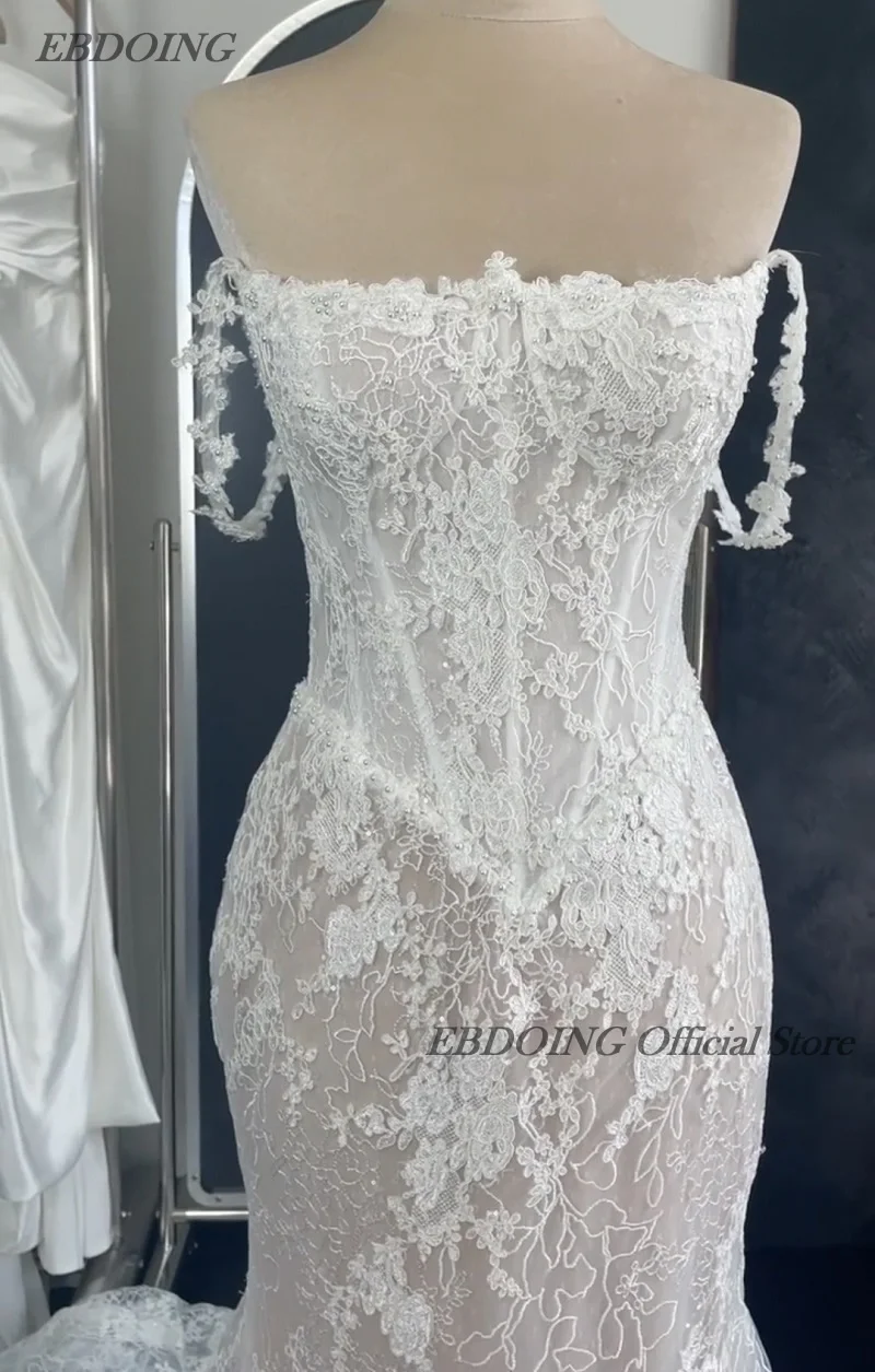 EBDOING Wedding Dress Mermaid Lace Boat Neck Neckline Classic Basque With Beading Customized Bride Gown