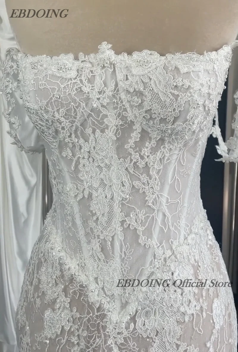 EBDOING Wedding Dress Mermaid Lace Boat Neck Neckline Classic Basque With Beading Customized Bride Gown