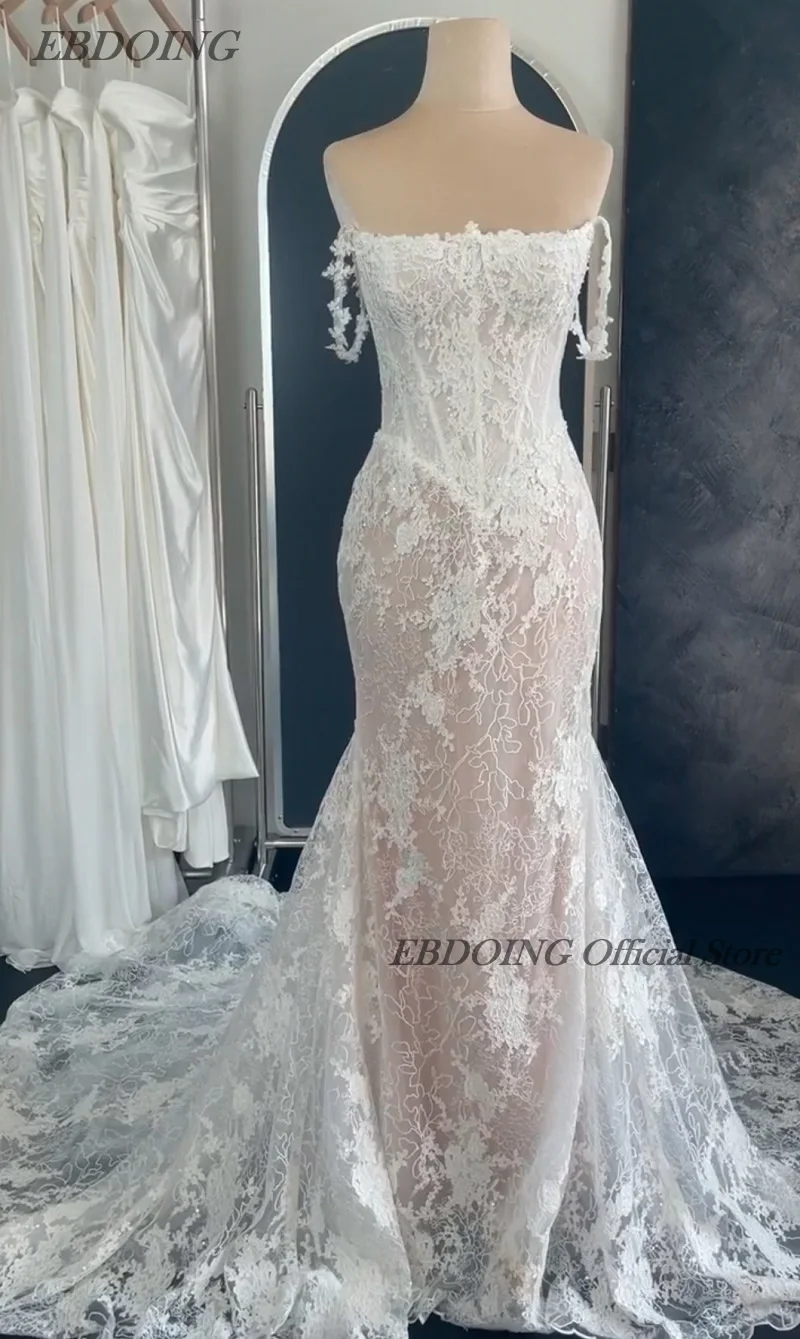 EBDOING Wedding Dress Mermaid Lace Boat Neck Neckline Classic Basque With Beading Customized Bride Gown