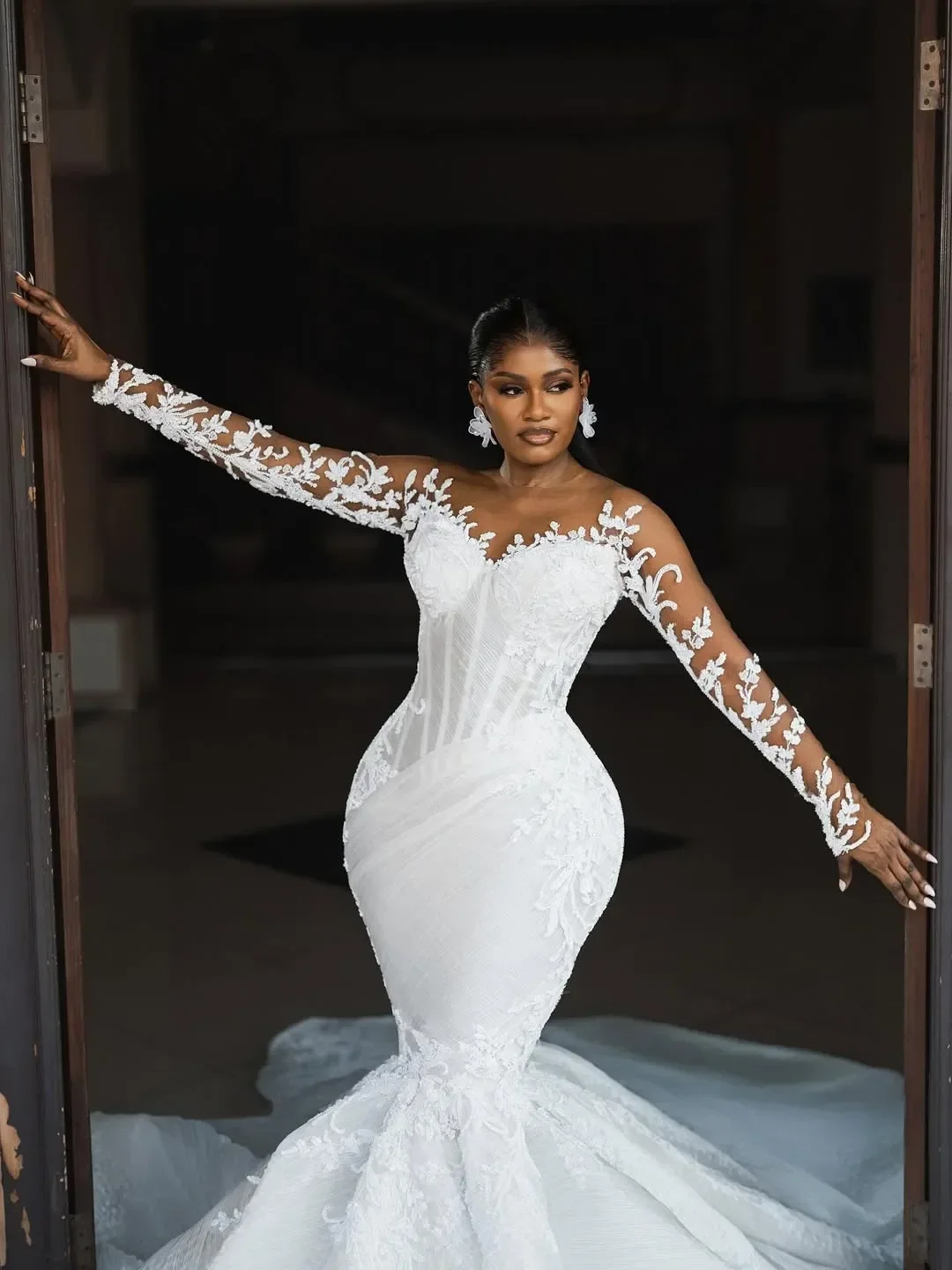 Elegant White Mermaid Lace Decal African Women's Sexy V-Neck Transparent Long Sleeved Trailing Dance Bridal Gown Customized