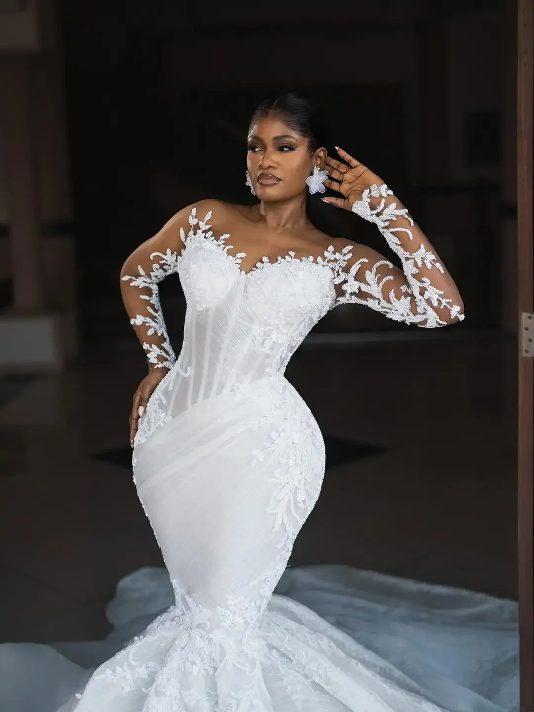 Elegant White Mermaid Lace Decal African Women's Sexy V-Neck Transparent Long Sleeved Trailing Dance Bridal Gown Customized
