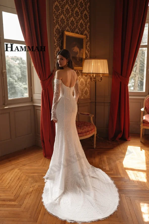 HAMMAH Fancy Lace Appliques Wedding Dress for Bride Three Quarter Sleeves Sweetheart Chapel Train Robe De Mariee Customized