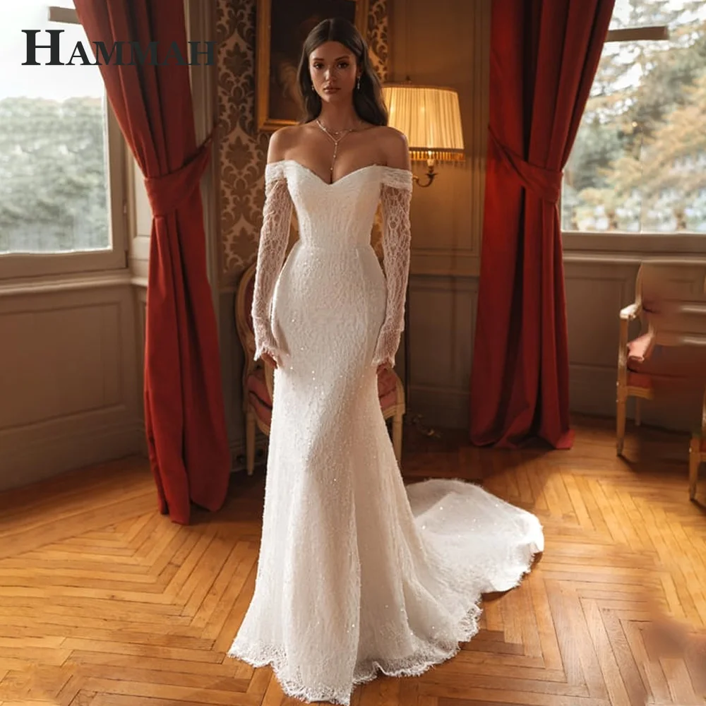HAMMAH Fancy Lace Appliques Wedding Dress for Bride Three Quarter Sleeves Sweetheart Chapel Train Robe De Mariee Customized