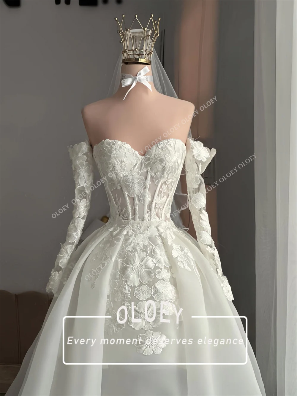 OLOEY Fairy Flowers Short Puffy Wedding Dresses with Detachable Tail Sleeves Sweetheart Neck Mini Bridal Gown Customized Corset