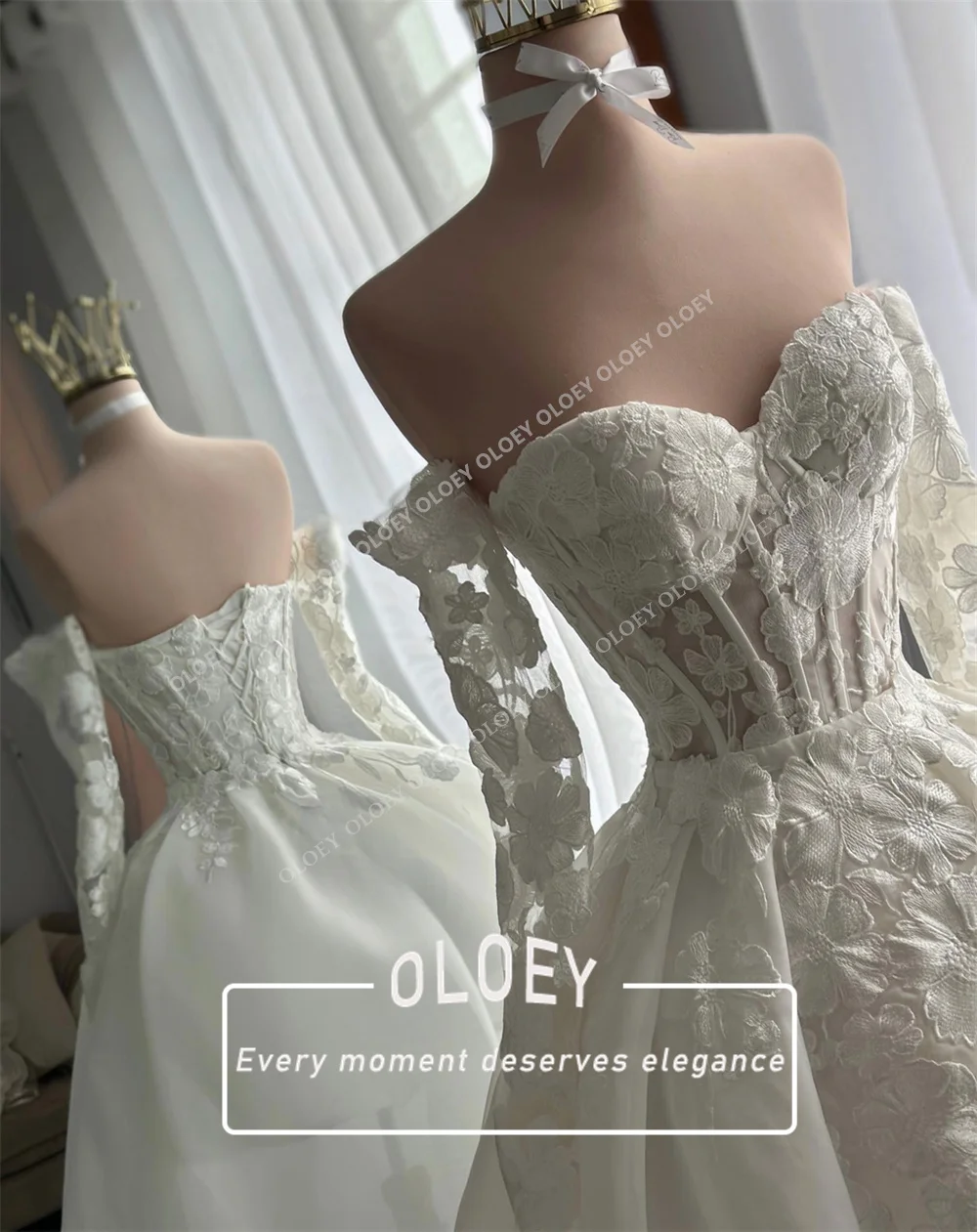 OLOEY Fairy Flowers Short Puffy Wedding Dresses with Detachable Tail Sleeves Sweetheart Neck Mini Bridal Gown Customized Corset