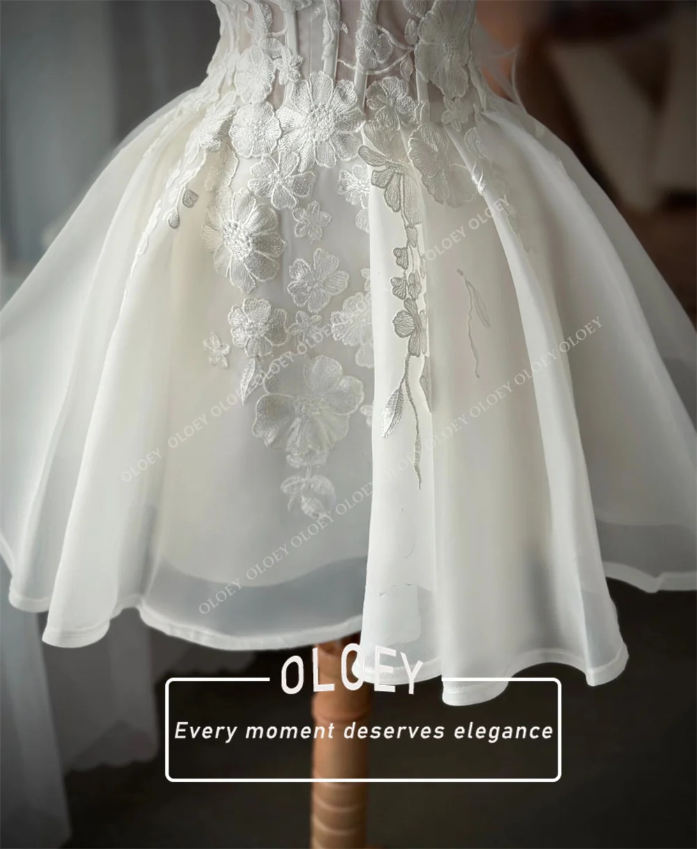 OLOEY Fairy Flowers Short Puffy Wedding Dresses with Detachable Tail Sleeves Sweetheart Neck Mini Bridal Gown Customized Corset