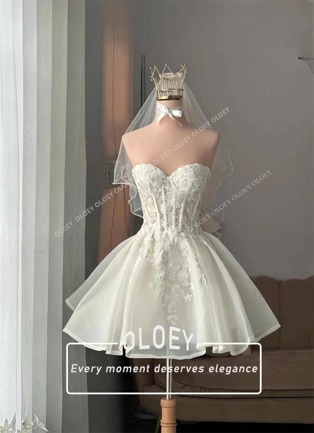OLOEY Fairy Flowers Short Puffy Wedding Dresses with Detachable Tail Sleeves Sweetheart Neck Mini Bridal Gown Customized Corset