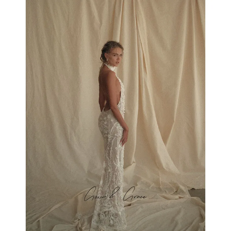 Gwn&Gce Lace Custom Bridal Gowns Mermaid Wedding Dress Backless Halter Neck Sleeveless Zipper vestido de noiva
