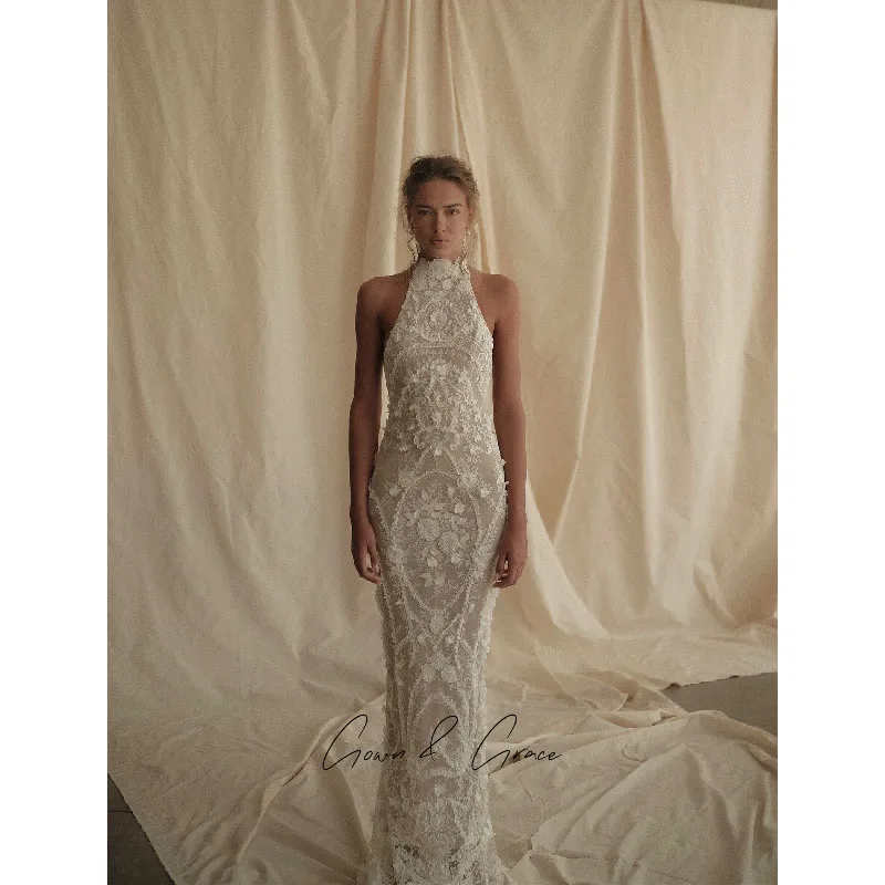 Gwn&Gce Lace Custom Bridal Gowns Mermaid Wedding Dress Backless Halter Neck Sleeveless Zipper vestido de noiva