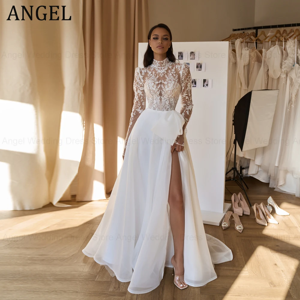 ANGEL A-Line Applique Wedding Dress Customized Long Sleeves Tulle Bride Gown High Neck Illusion Bride Gowns vestidos de novia