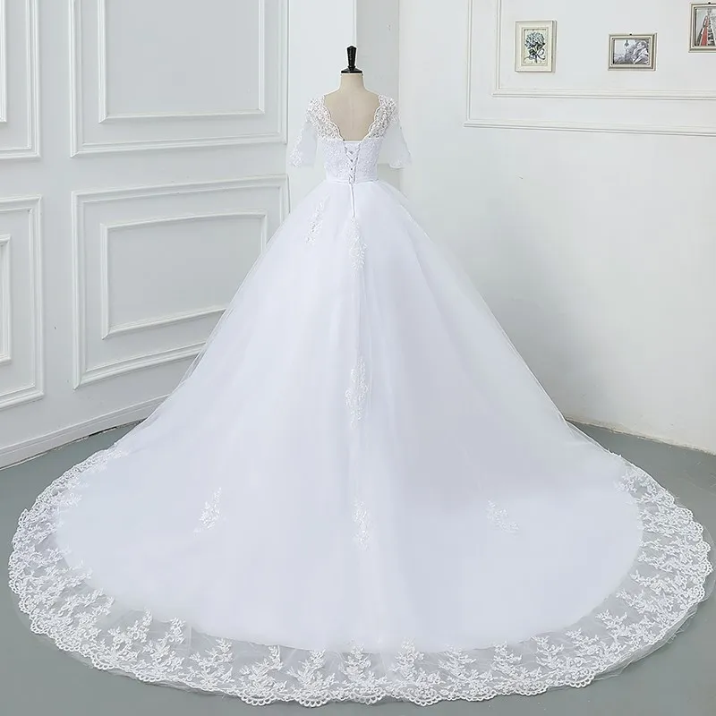 Luxury Full Sleeve Wedding Dress White New Sexy V-neck Bride Dress With Train Ball Gown Princess Classic Wedding Gown Customized