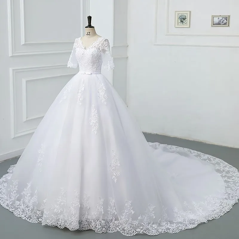 Luxury Full Sleeve Wedding Dress White New Sexy V-neck Bride Dress With Train Ball Gown Princess Classic Wedding Gown Customized