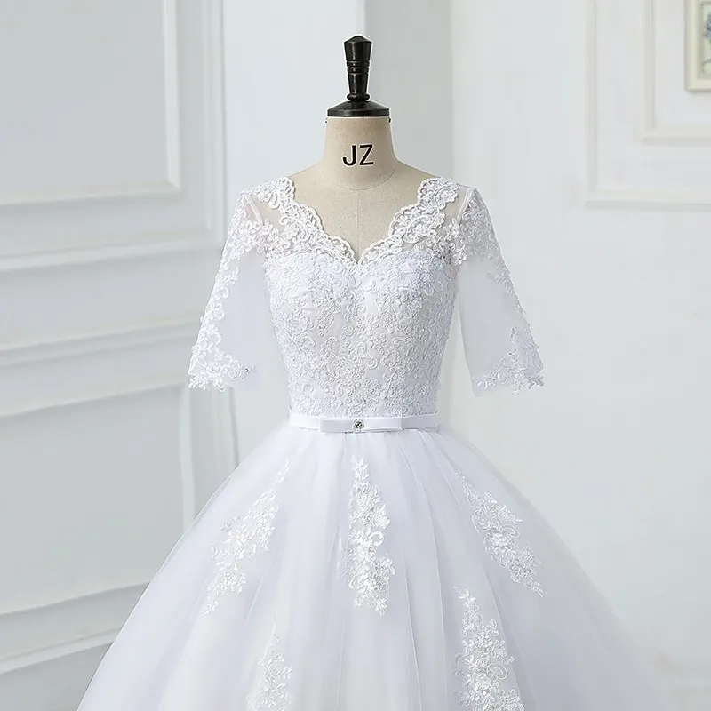 Luxury Full Sleeve Wedding Dress White New Sexy V-neck Bride Dress With Train Ball Gown Princess Classic Wedding Gown Customized