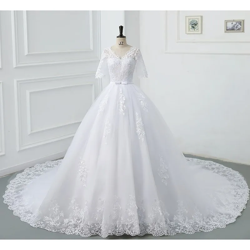 Luxury Full Sleeve Wedding Dress White New Sexy V-neck Bride Dress With Train Ball Gown Princess Classic Wedding Gown Customized
