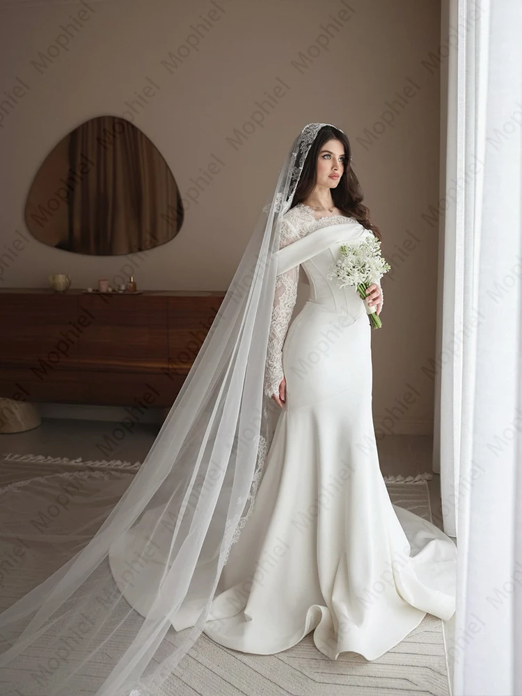 Fashion Mermaid Wedding Dresses O Neck Long Sleeve Satin Bride Dress for Women Vestido De Novia Garden Bridal Gown Customized