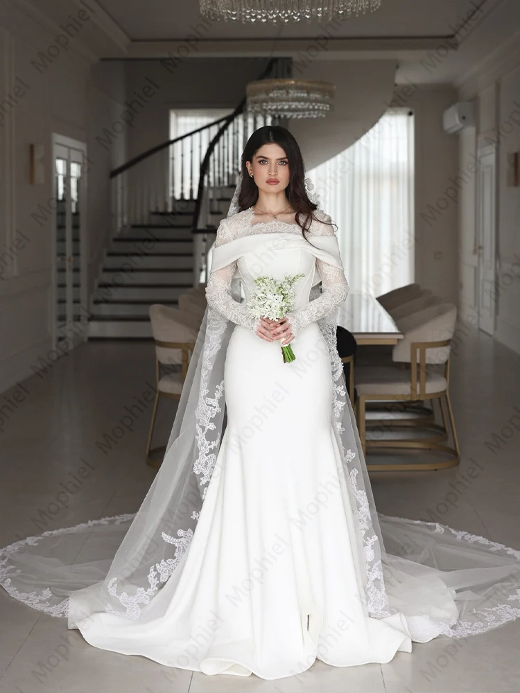 Fashion Mermaid Wedding Dresses O Neck Long Sleeve Satin Bride Dress for Women Vestido De Novia Garden Bridal Gown Customized