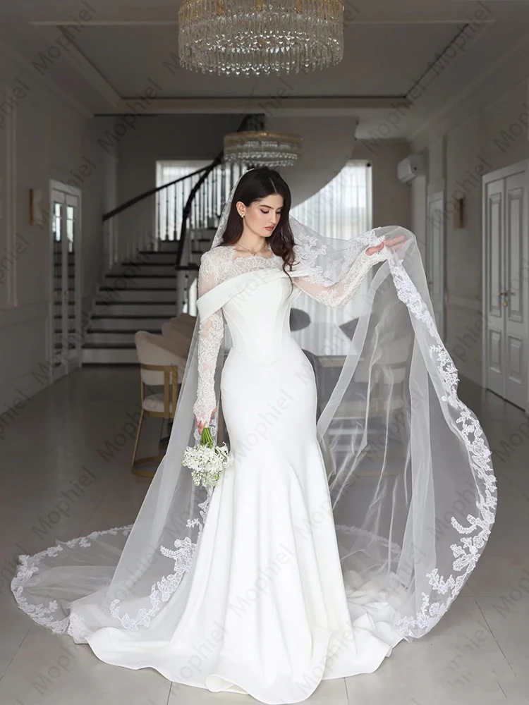 Fashion Mermaid Wedding Dresses O Neck Long Sleeve Satin Bride Dress for Women Vestido De Novia Garden Bridal Gown Customized