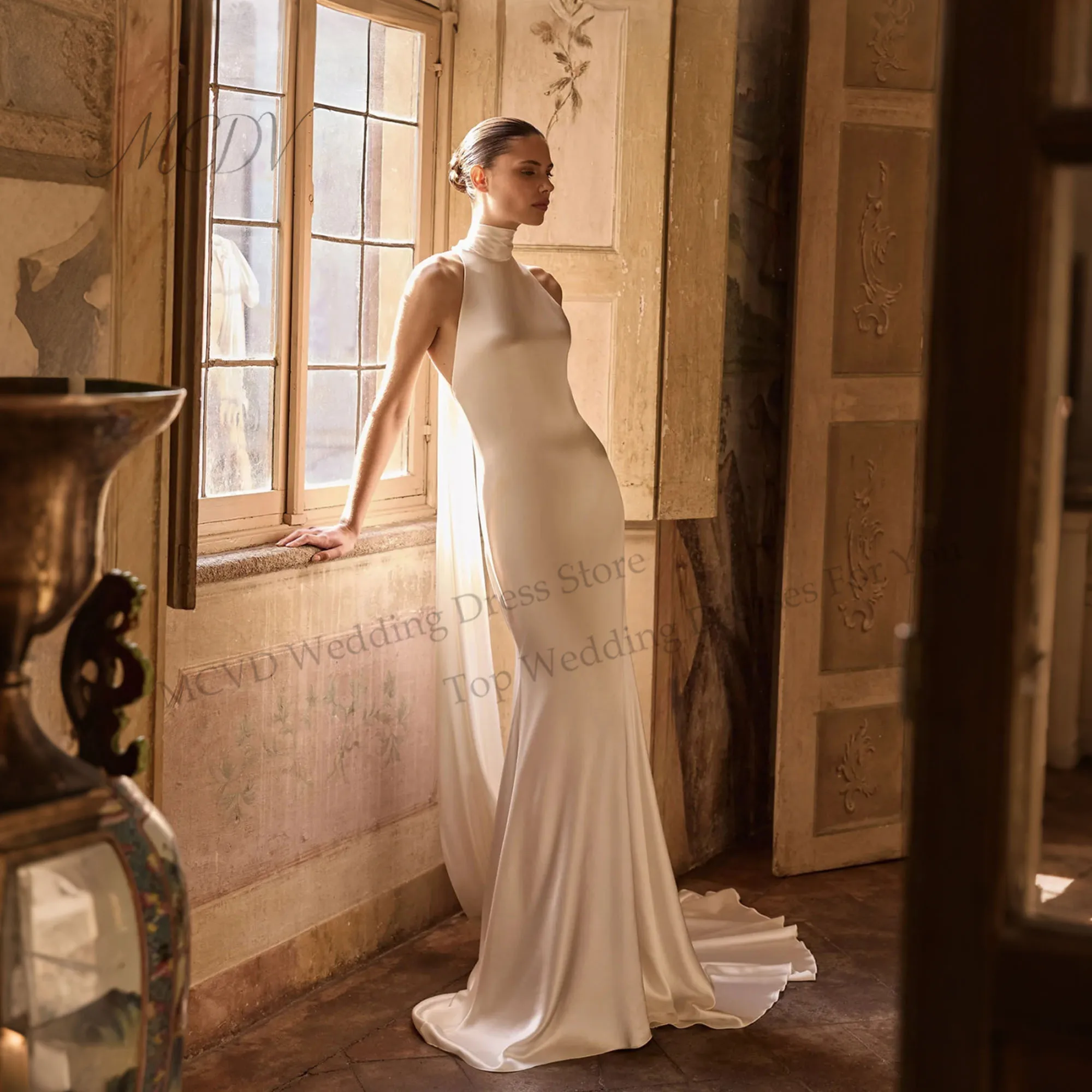 Ivory Satin Mermaid Wedding Dress High Neck Halter Backless Bridal Gown Sleeveless Reception Dresses For Weddings Customized