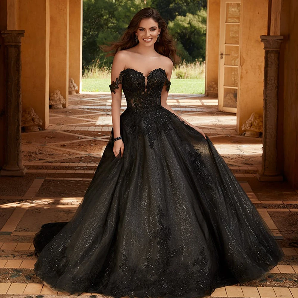 Shiny Black Off The Shoulder Sequined Lace Applique Sweethart A Line Wedding Dresses Sweep Train Custom Made 2024 Rode De Morri