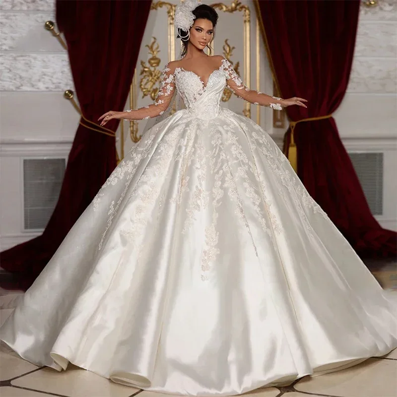 Long Sleeves Wedding Dress Embroidery Lace Robe De Mariée Princess Ball Gown Customized Bride Dress Vestidos De Novia