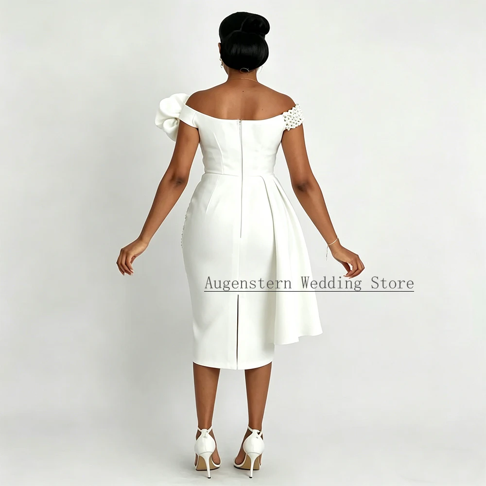 Sheath/Column Wedding Dress Short Off the Shoulder Pearls Luxury Gown for Bride White Draped Tea Length Bridal Dresses