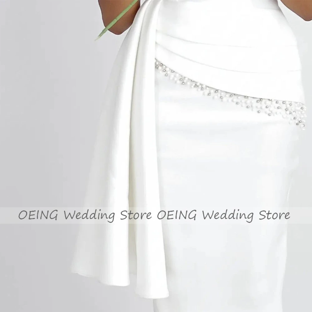 Sheath/Column Wedding Dress Short Off the Shoulder Pearls Luxury Gown for Bride White Draped Tea Length Bridal Dresses