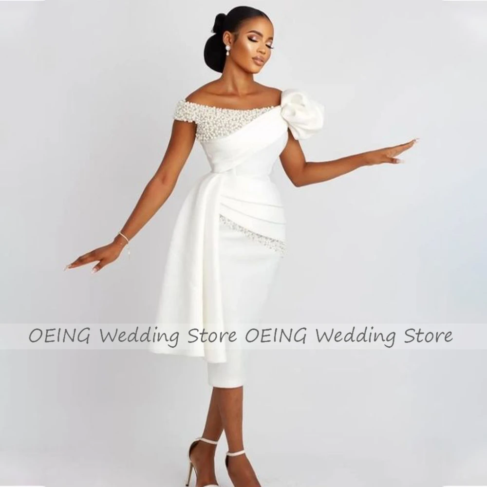 Sheath/Column Wedding Dress Short Off the Shoulder Pearls Luxury Gown for Bride White Draped Tea Length Bridal Dresses