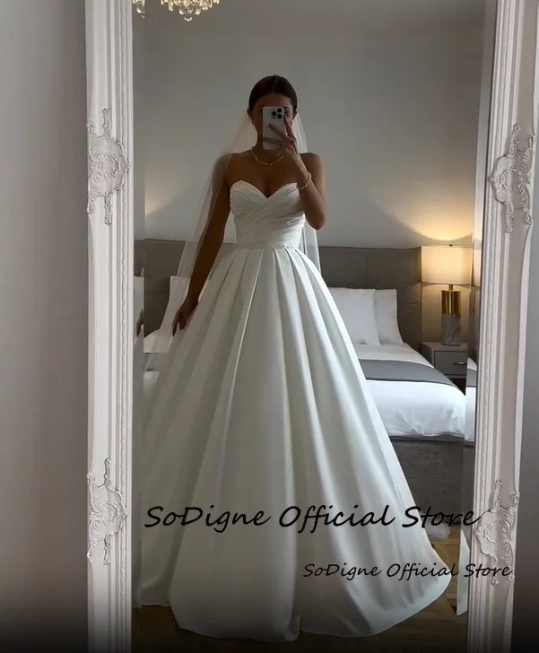 SoDigne A-line Satin Wedding Dresses Sleeveless Off Shoulder Bridal Dress Long Simple Wedding Gown Robe De Mairee Customized