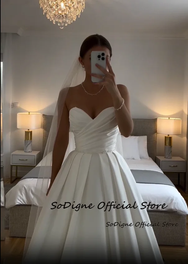SoDigne A-line Satin Wedding Dresses Sleeveless Off Shoulder Bridal Dress Long Simple Wedding Gown Robe De Mairee Customized