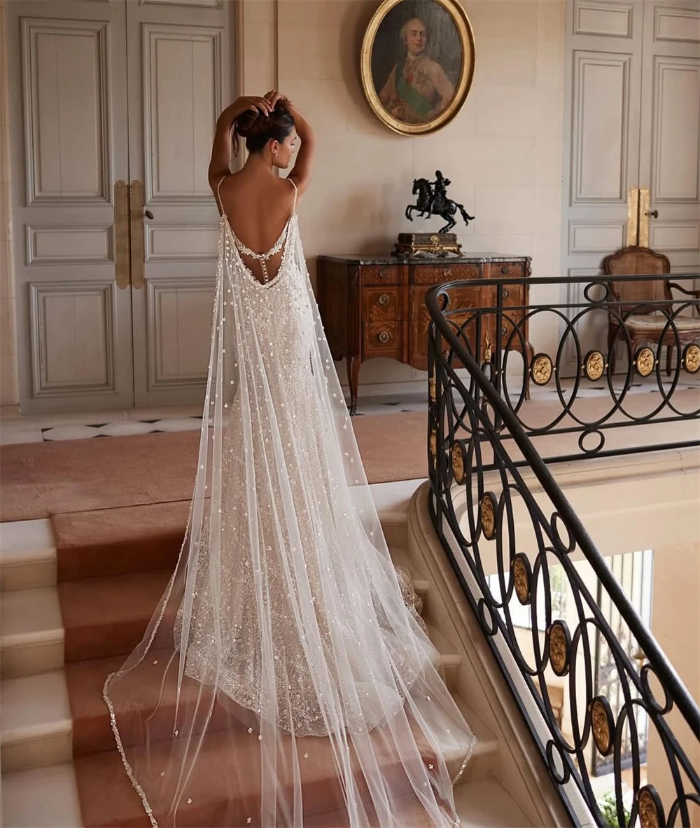 Customized Sexy Ivory Organza Wedding Dress Formal V-neck Sleeveless Bridal Gowns Dreamy Mermaid Court Train Vestido De Novia