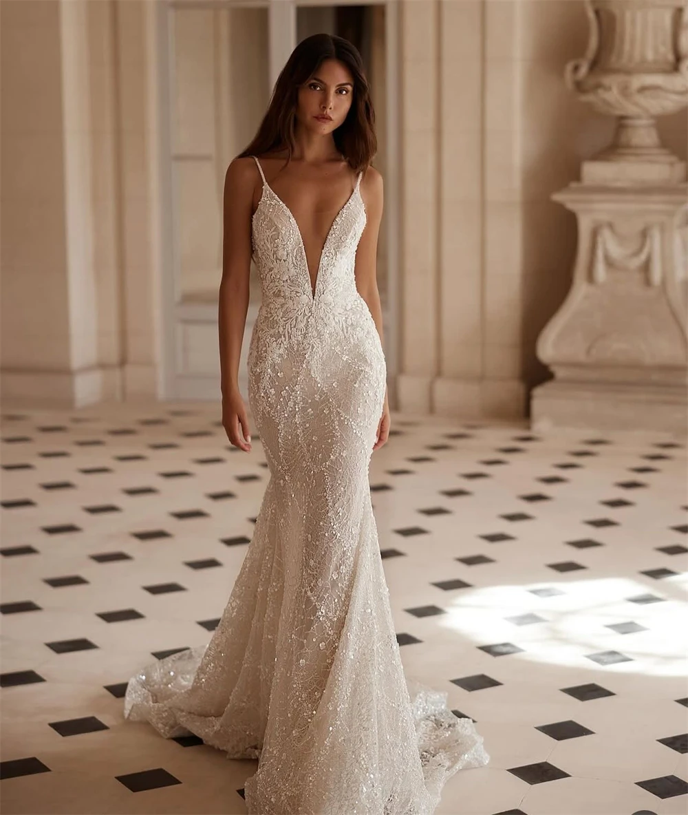 Customized Sexy Ivory Organza Wedding Dress Formal V-neck Sleeveless Bridal Gowns Dreamy Mermaid Court Train Vestido De Novia