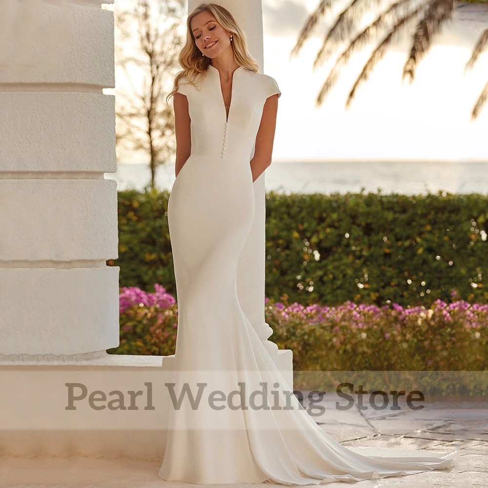 Classic V-Neck Cap Sleeve Mermaid Wedding Dress with Button Bride Jersey Beach Seaside Formal Marriage Floor Length Gowns