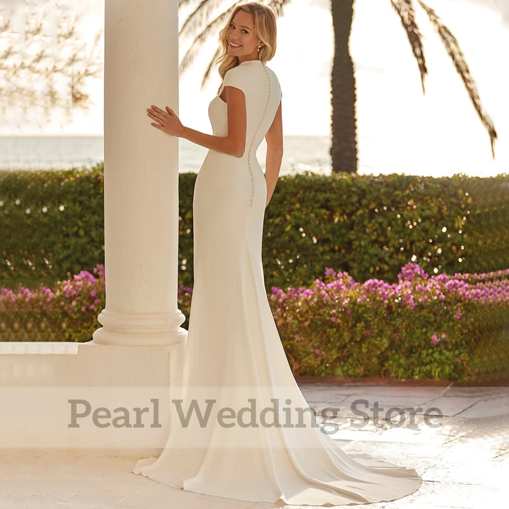 Classic V-Neck Cap Sleeve Mermaid Wedding Dress with Button Bride Jersey Beach Seaside Formal Marriage Floor Length Gowns