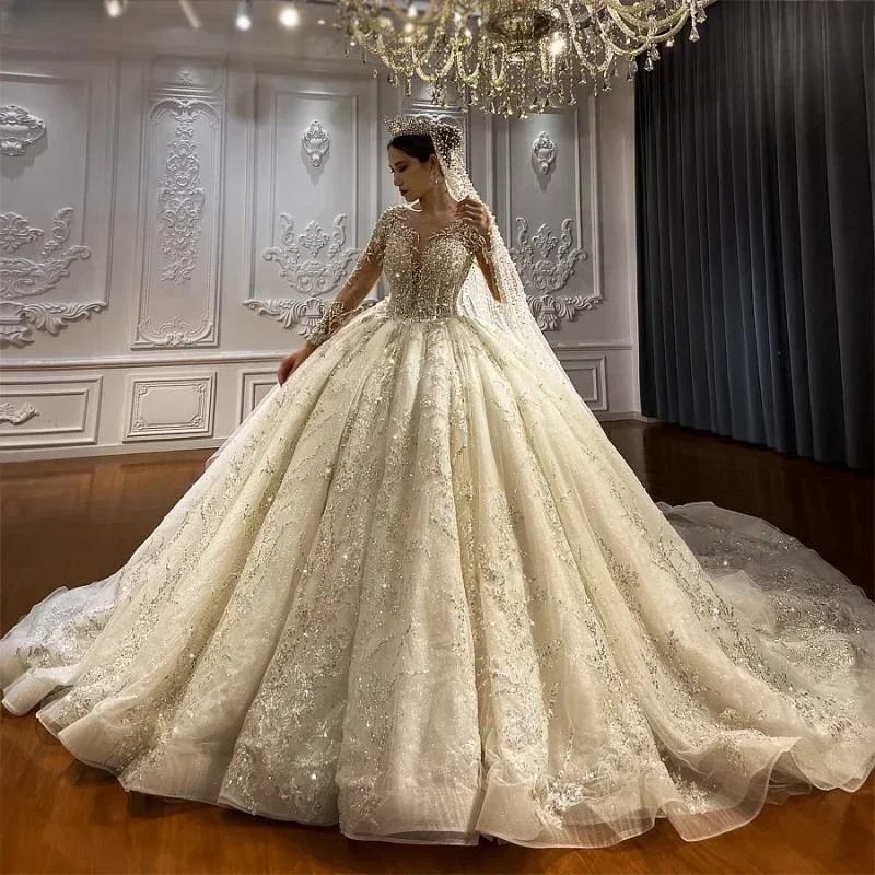 Customzied Royal Lace Applique Wedding Dress Luxury Sheer neck Bridal Gown Elegant Long Sleeves Vestido de novia