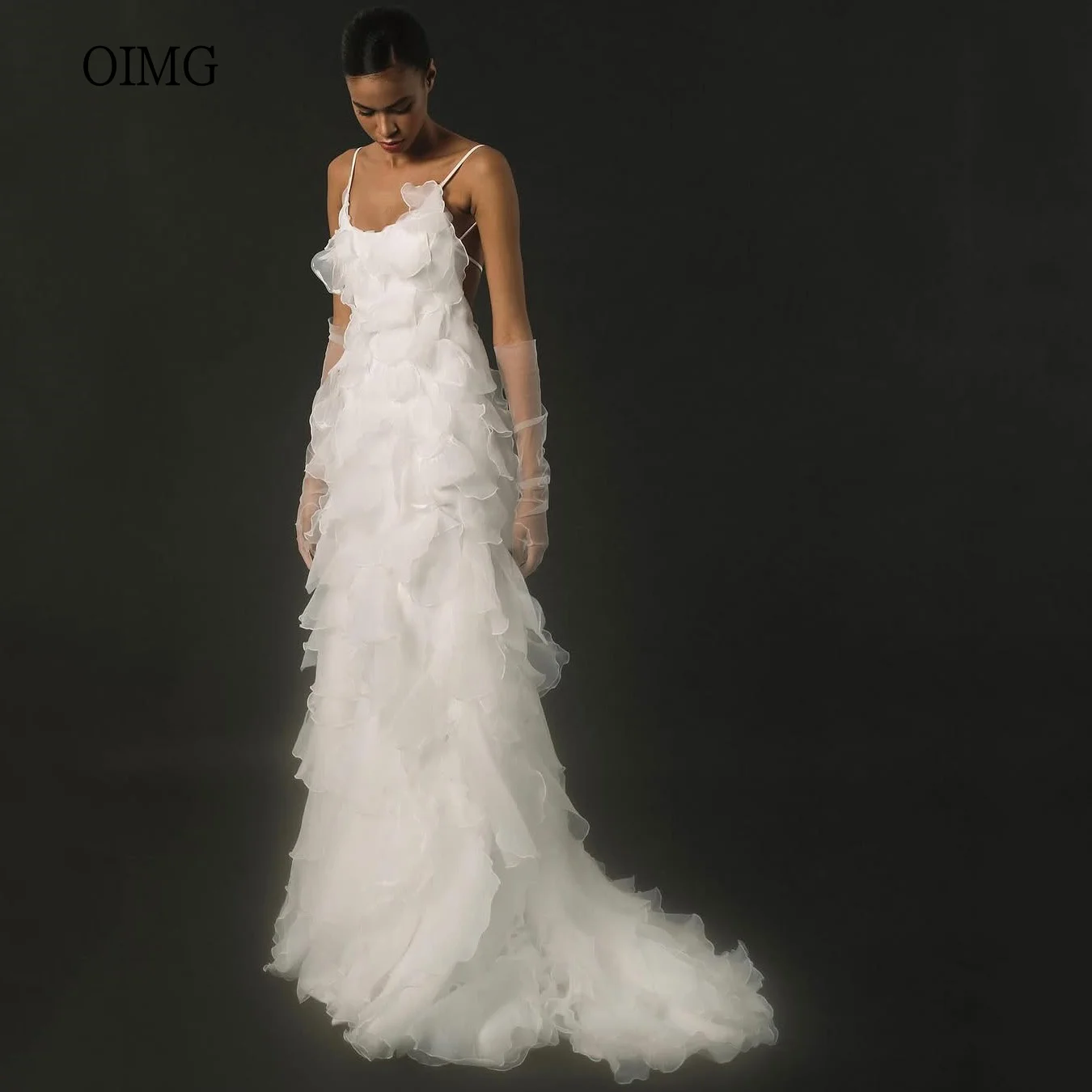 OIMG Spaghetti Strap A-line Wedding Dress Modern Backless Bride Dresses Multilayer Floor Length Wedding Gowns Customized