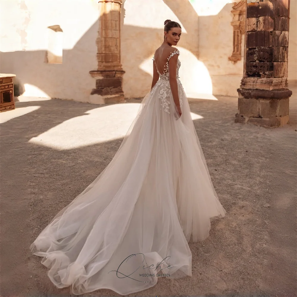 QICHE Elegant Lace Appliqued A-Line Wedding Dresses Women Cap Sleeves O-Neck Open Back Pleat Tulle Vestidos De Novia Customized