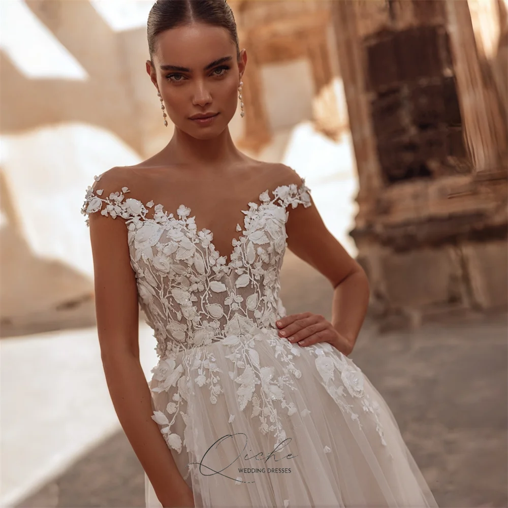 QICHE Elegant Lace Appliqued A-Line Wedding Dresses Women Cap Sleeves O-Neck Open Back Pleat Tulle Vestidos De Novia Customized