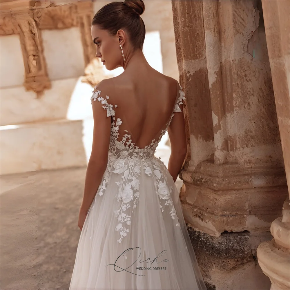 QICHE Elegant Lace Appliqued A-Line Wedding Dresses Women Cap Sleeves O-Neck Open Back Pleat Tulle Vestidos De Novia Customized