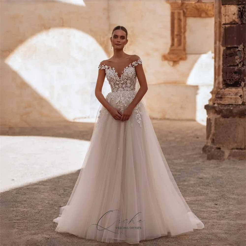 QICHE Elegant Lace Appliqued A-Line Wedding Dresses Women Cap Sleeves O-Neck Open Back Pleat Tulle Vestidos De Novia Customized