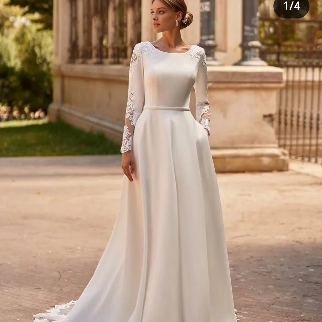 2025 Women Wedding Dress Customize To Measures Long Sleeves Buttons Elegant Robe De Marie Stunning With Pocket Lace Appliqués
