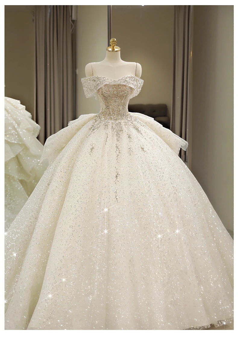 2025 New Off Shoulder Wedding Dress Lace Up Luxury Bridal Dresses Ball Gown Sweep Train Plus Size Vestido De Noiva  Customized