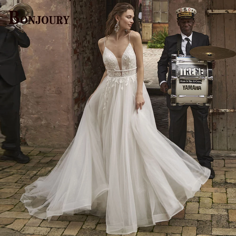 BONJOURY Fashionable Satin Wedding Dress Spaghetti Straps Lace Appliques Trumpet Satin Court Train Vestidos De Novia Customized