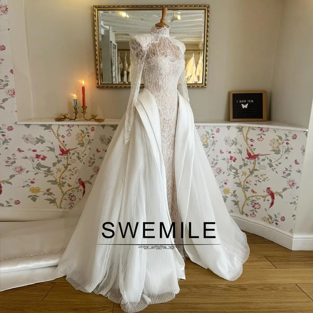 SWEMILE Luxurious High Neck Wedding Dress for Women Detachable Train Bride Gowns Full Sleeve Vestidos Para Mujer Customized