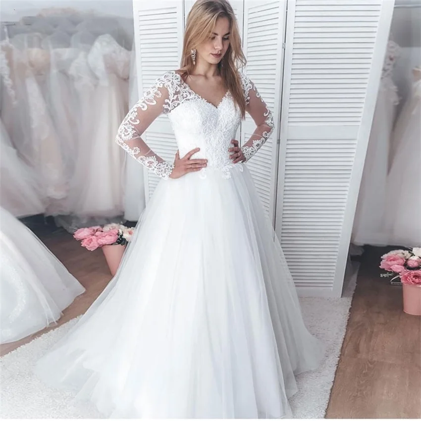 Customized Boho Elegant A-Line Tulle Bridal Dresses Long Sleeve V-Neck Lace Appliques Wedding Gowns Lace Up Back robe de mariée