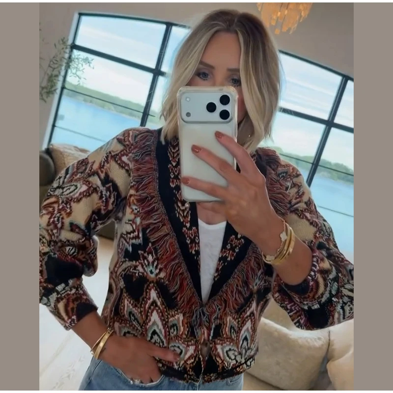 Women's Boho Print Knit Cardigan Top Fringe Trim Belted Long Sleeve Sweater Lace-up Coat 2025 New High Street Outerwear Outfit