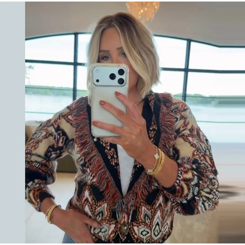 Women's Boho Print Knit Cardigan Top Fringe Trim Belted Long Sleeve Sweater Lace-up Coat 2025 New High Street Outerwear Outfit