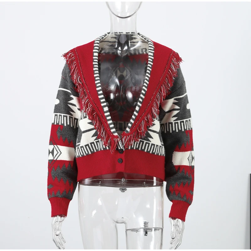 Women's Boho Print Knit Cardigan Top Fringe Trim Belted Long Sleeve Sweater Lace-up Coat 2025 New High Street Outerwear Outfit