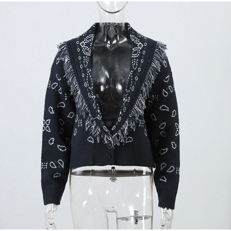 Women's Boho Print Knit Cardigan Top Fringe Trim Belted Long Sleeve Sweater Lace-up Coat 2025 New High Street Outerwear Outfit