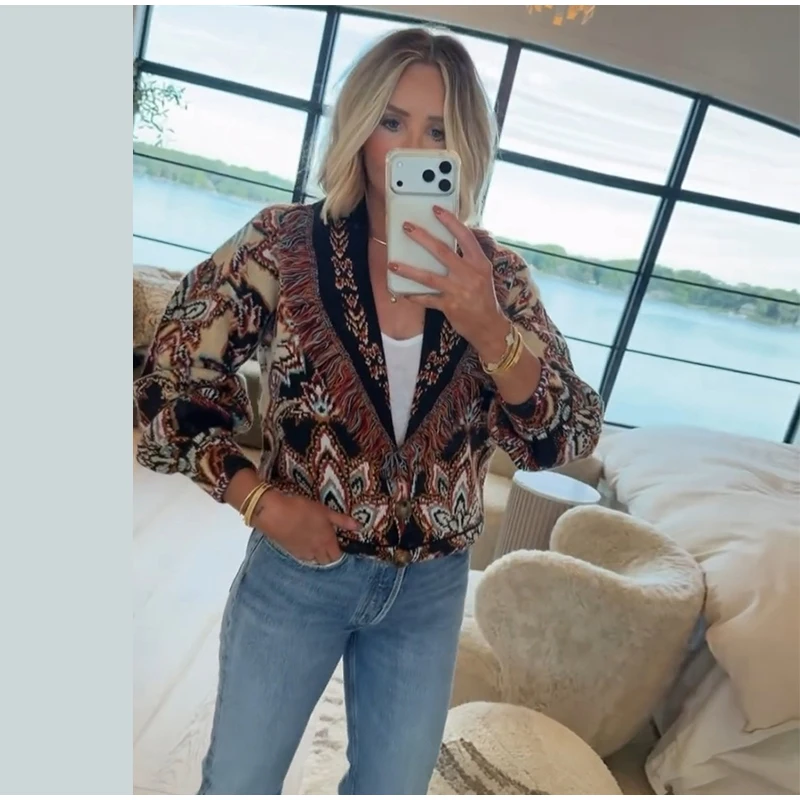 Women's Boho Print Knit Cardigan Top Fringe Trim Belted Long Sleeve Sweater Lace-up Coat 2025 New High Street Outerwear Outfit